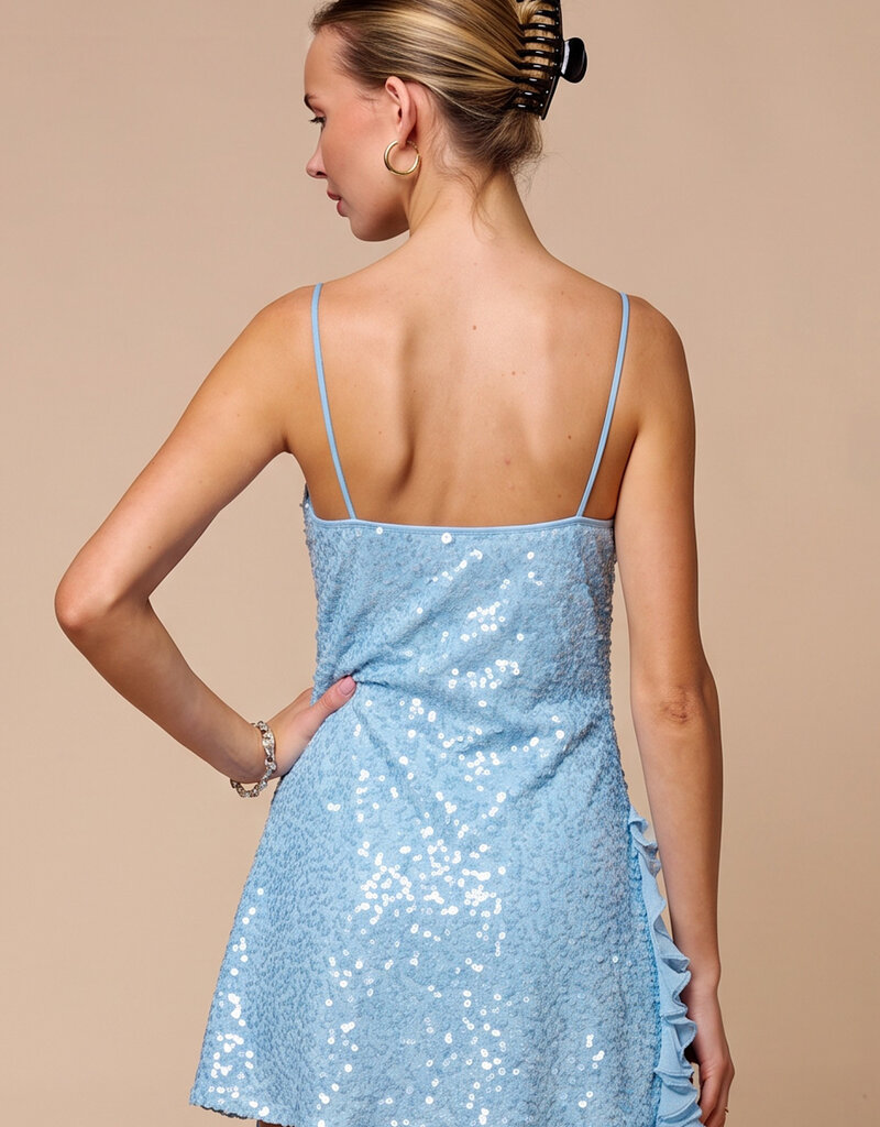 Cowl Neck Sequin Ruffle Frill Mini Dress