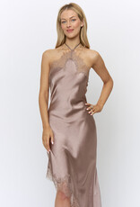 Sadie Satin Halter Asymmetrical Lace Trim Midi Dress