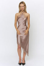 Sadie Satin Halter Asymmetrical Lace Trim Midi Dress