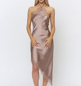 Sadie Satin Halter Asymmetrical Lace Trim Midi Dress