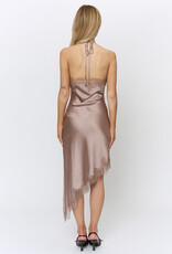 Sadie Satin Halter Asymmetrical Lace Trim Midi Dress
