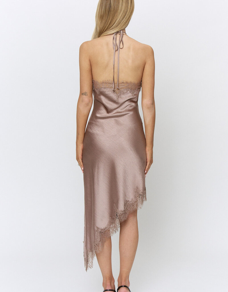 Sadie Satin Halter Asymmetrical Lace Trim Midi Dress
