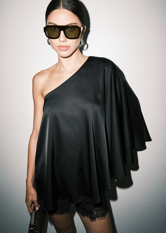 Andrea Satin One Shoulder Cape Poncho Top