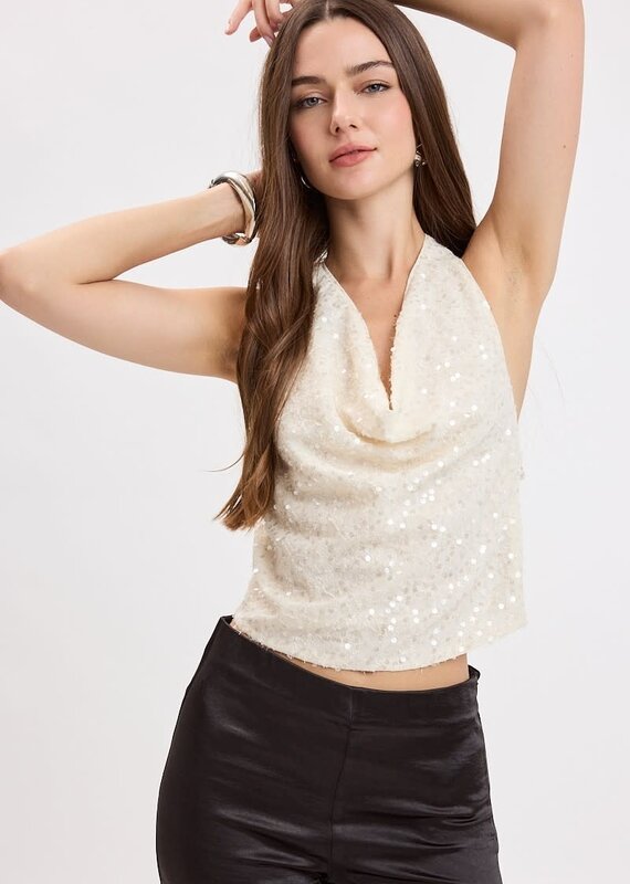 Sequin Halter Cowl Neck Backless Top