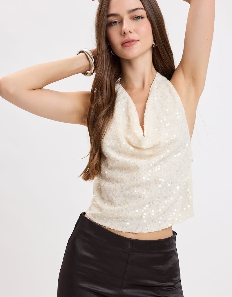 Sequin Halter Cowl Neck Backless Top