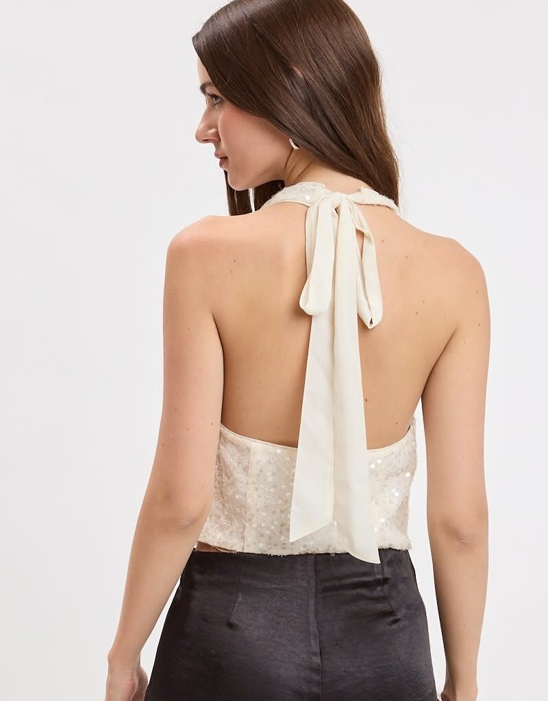 Sequin Halter Cowl Neck Backless Top