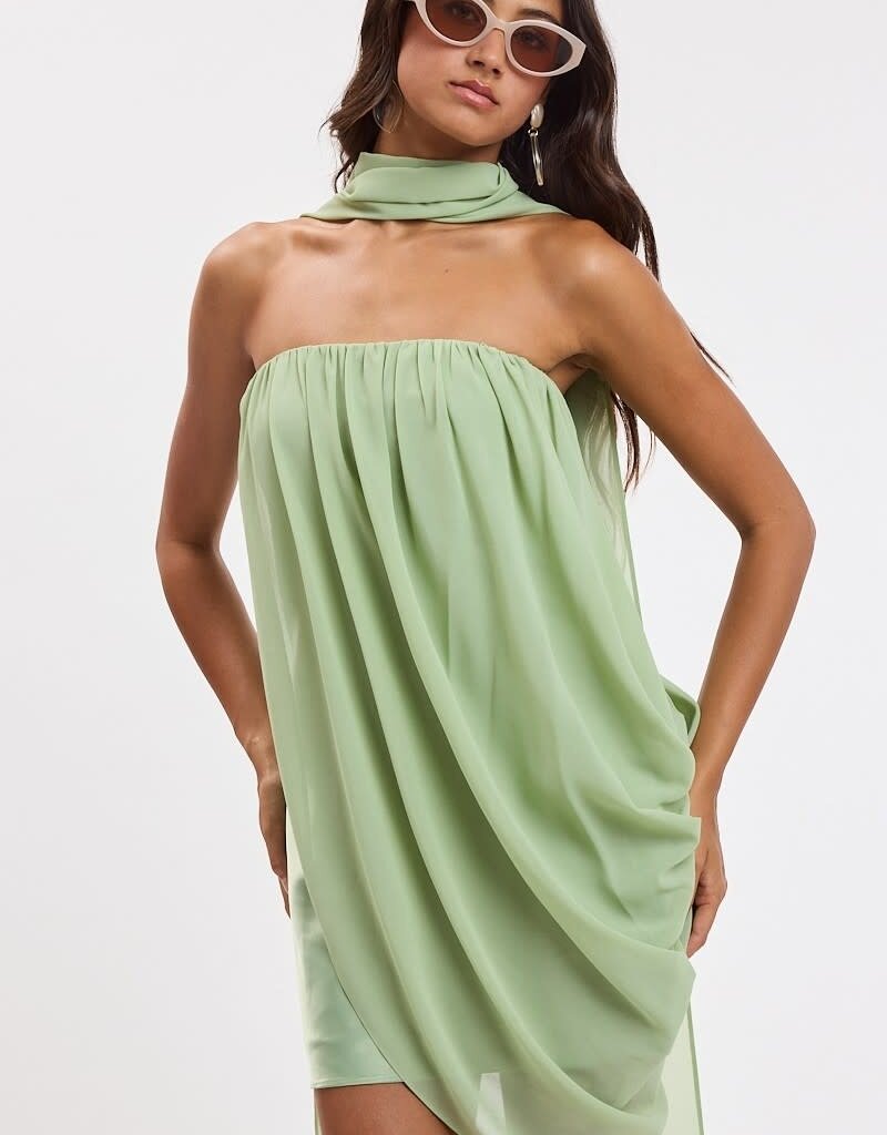 Georgia Strapless Overlay Draped Scarf Satin Mini Dress