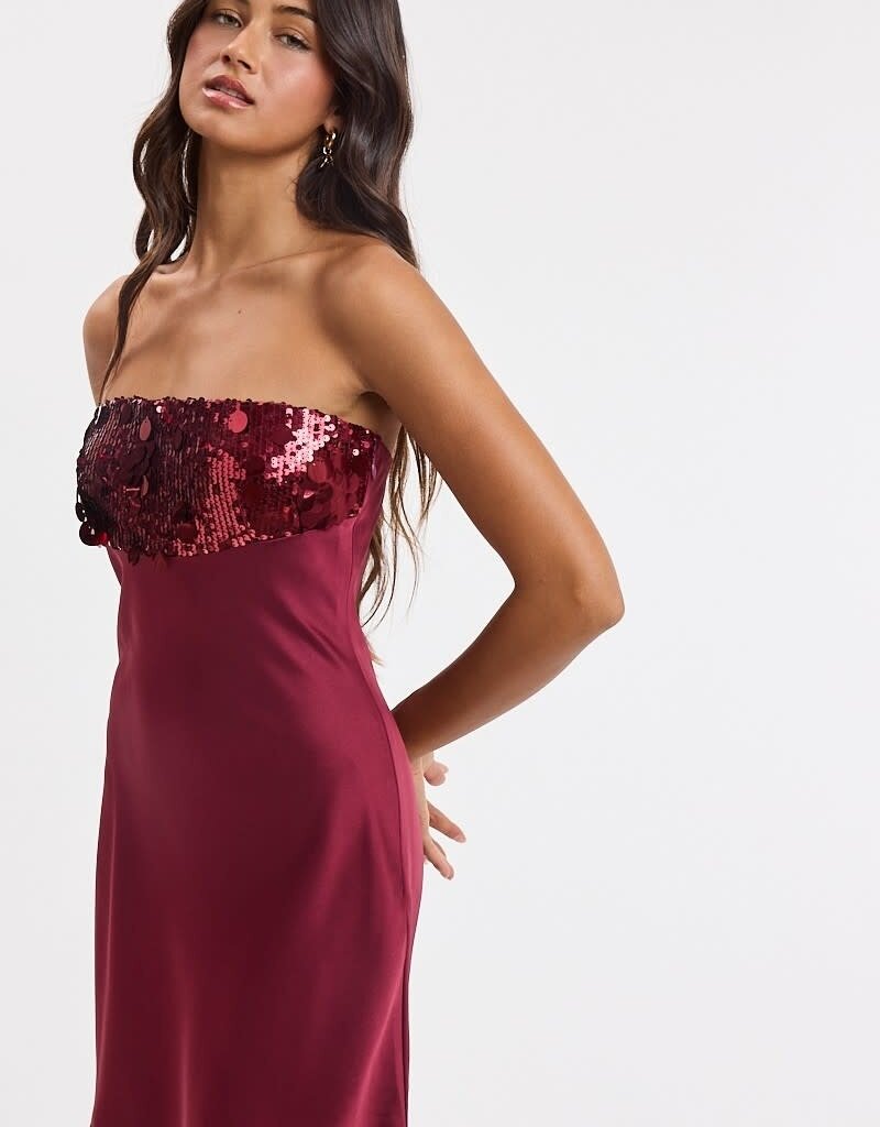Sequin Bust Satin Strapless Mini Dress