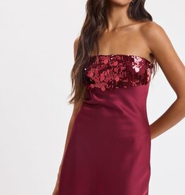 Sequin Bust Satin Strapless Mini Dress