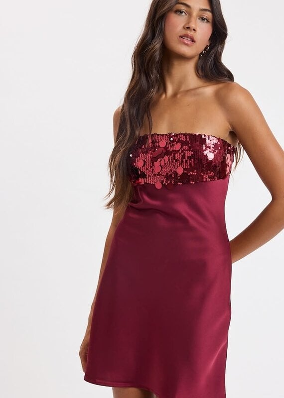 Sequin Bust Satin Strapless Mini Dress