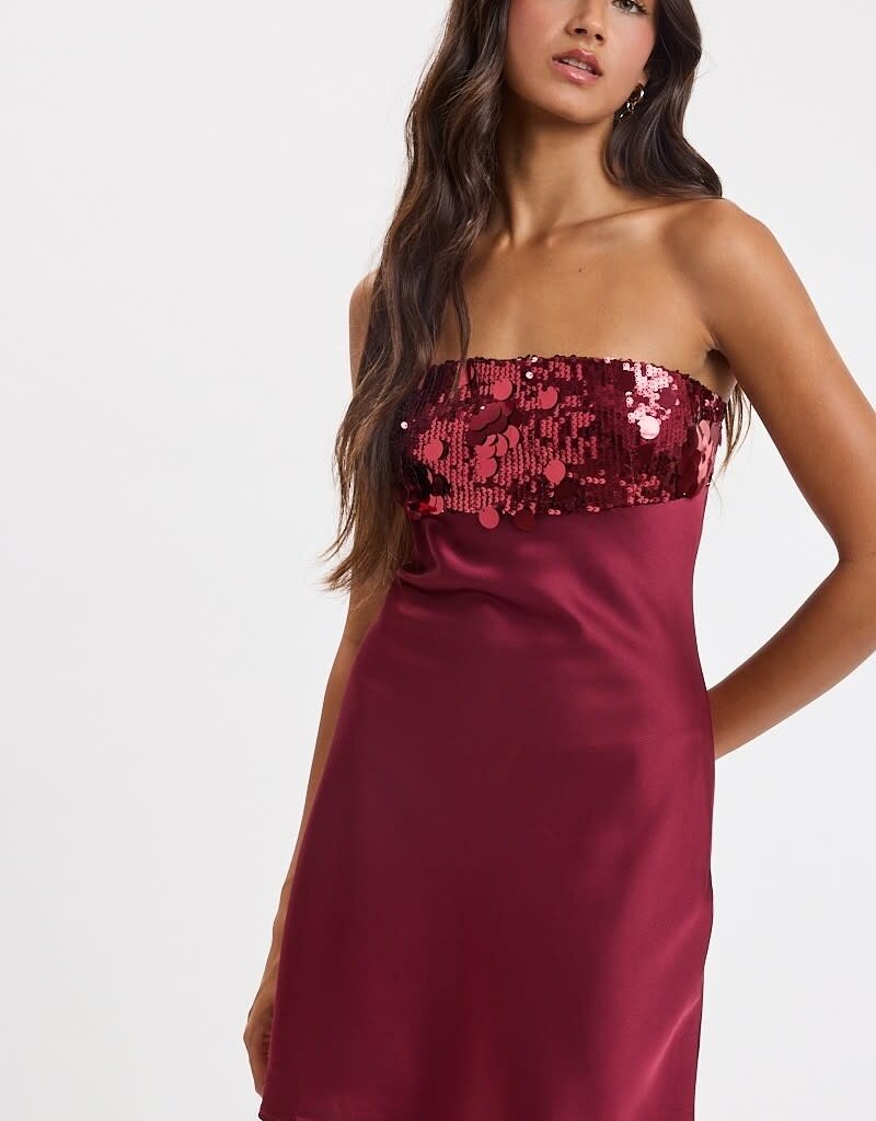 Sequin Bust Satin Strapless Mini Dress