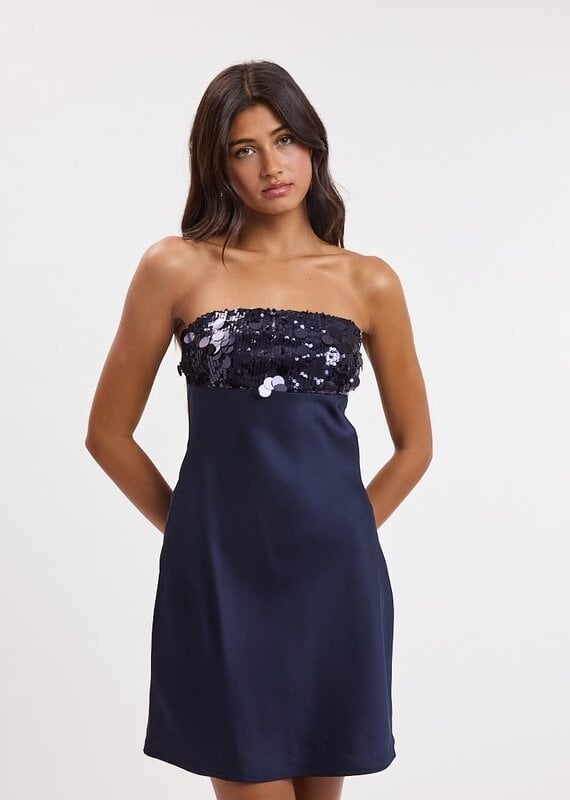 Sequin Bust Satin Strapless Mini Dress