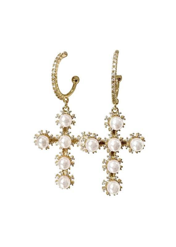 Pearl Cross Hoop Earrings