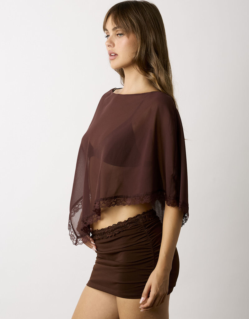 Sheer Lace Trim Off Shoulder Poncho Top