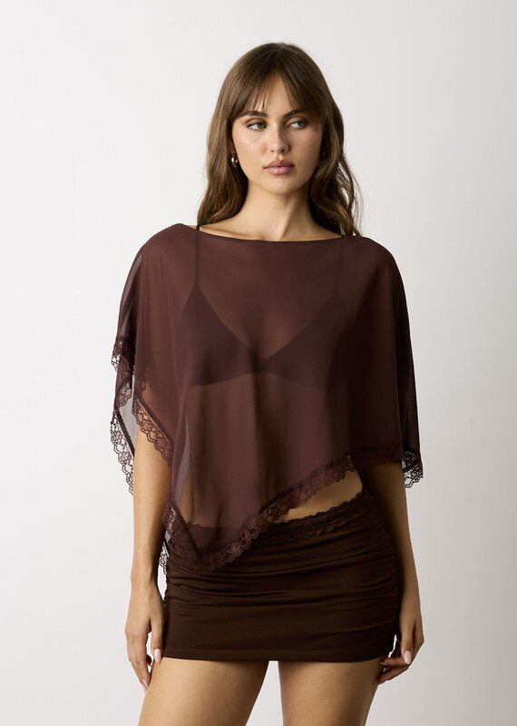 Sheer Lace Trim Off Shoulder Poncho Top