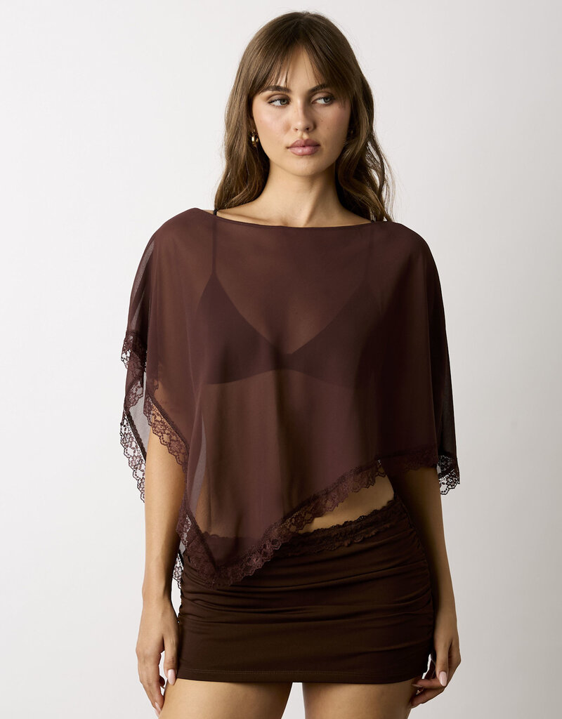 Sheer Lace Trim Off Shoulder Poncho Top
