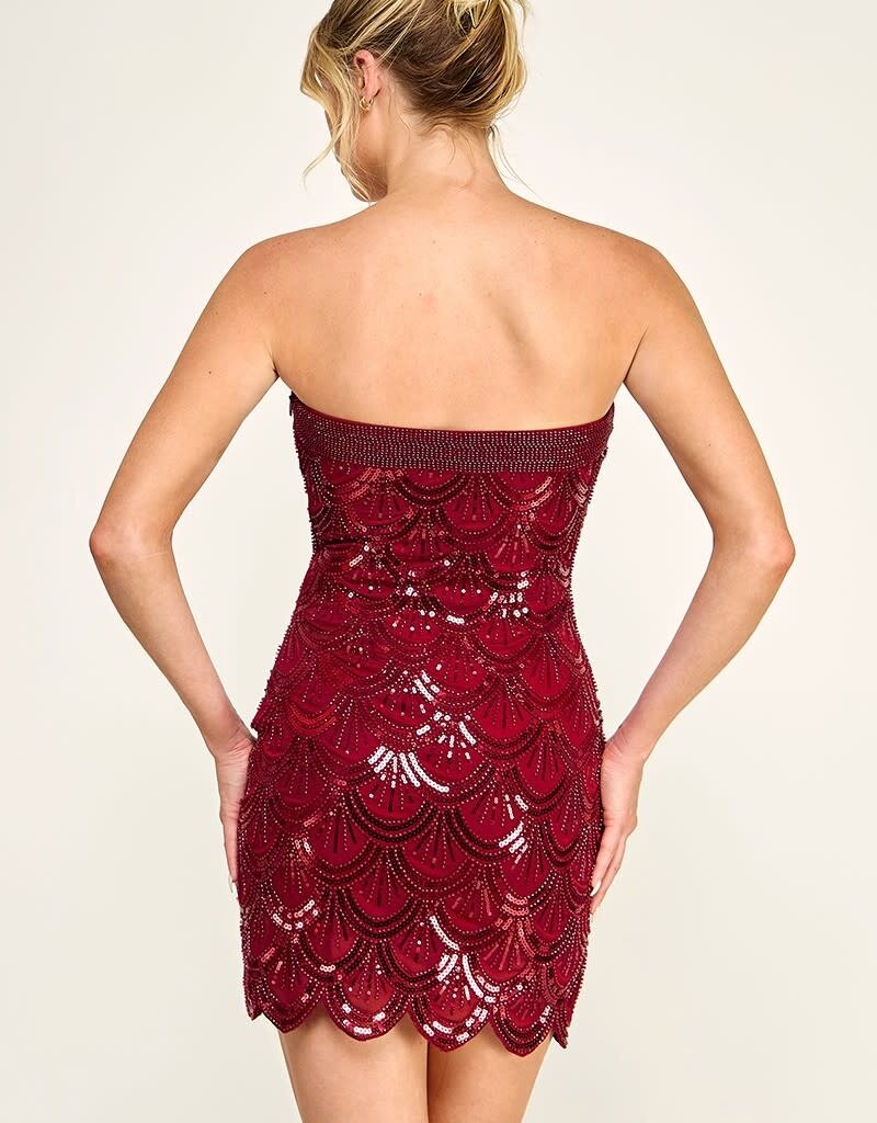 Strapless Beaded Scalloped Edge Mini Dress
