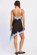 Nicole Satin Asymmetrical Hem Lace Trim Mini Dress