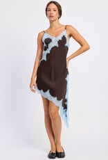 Nicole Satin Asymmetrical Hem Lace Trim Mini Dress
