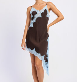 Nicole Satin Asymmetrical Hem Lace Trim Mini Dress