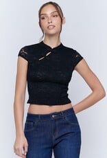 Lace Mandarin Collar Frog Closure Short Sleeve Top