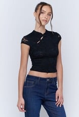 Lace Mandarin Collar Frog Closure Short Sleeve Top