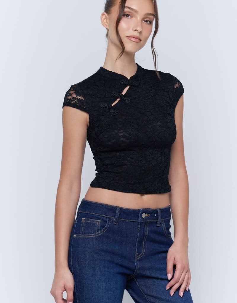 Lace Mandarin Collar Frog Closure Short Sleeve Top