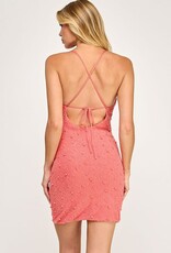 Pearl Bead Spaghetti Strap Mini Dress