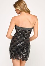 Strapless Beaded Scalloped Edge Mini Dress