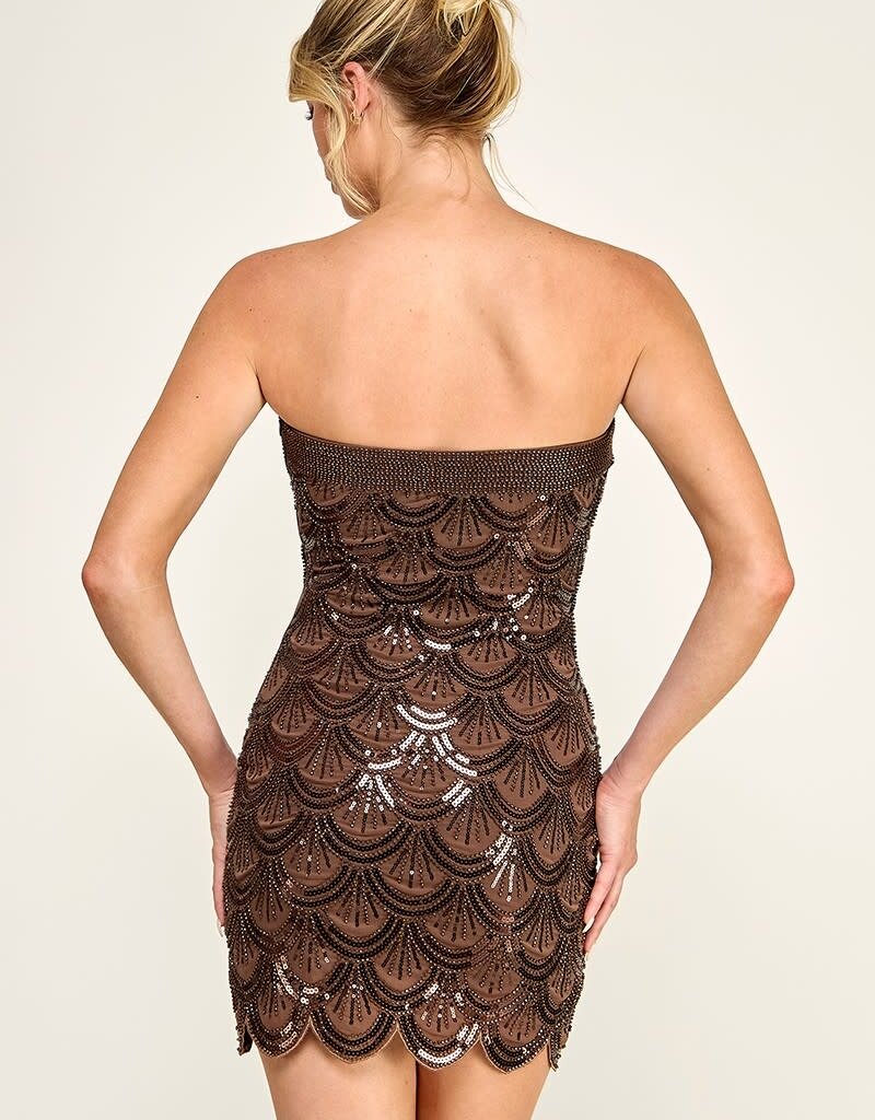Strapless Beaded Scalloped Edge Mini Dress