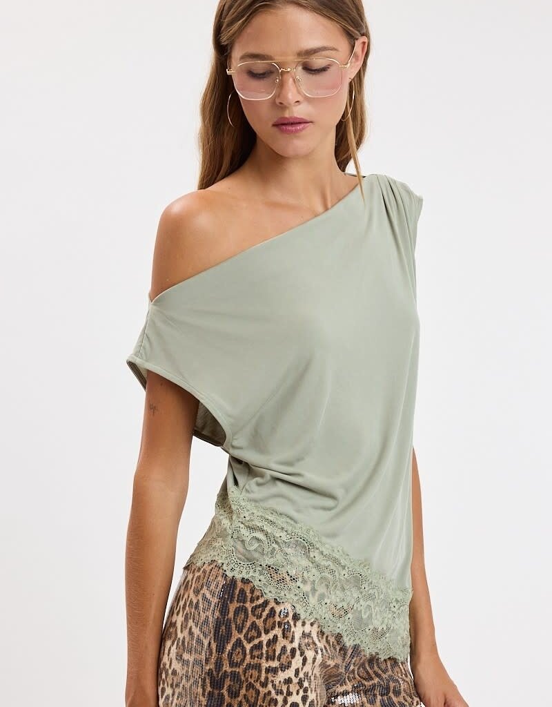 Amanda Off Shoulder Asymmetric Lace Trim Top
