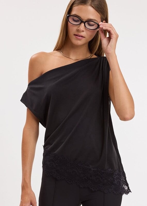 Amanda Off Shoulder Asymmetric Lace Trim Top