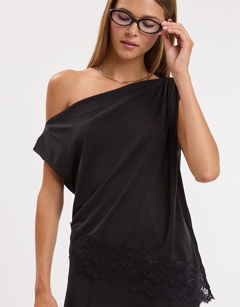 Amanda Off Shoulder Asymmetric Lace Trim Top