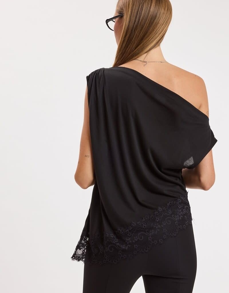 Amanda Off Shoulder Asymmetric Lace Trim Top
