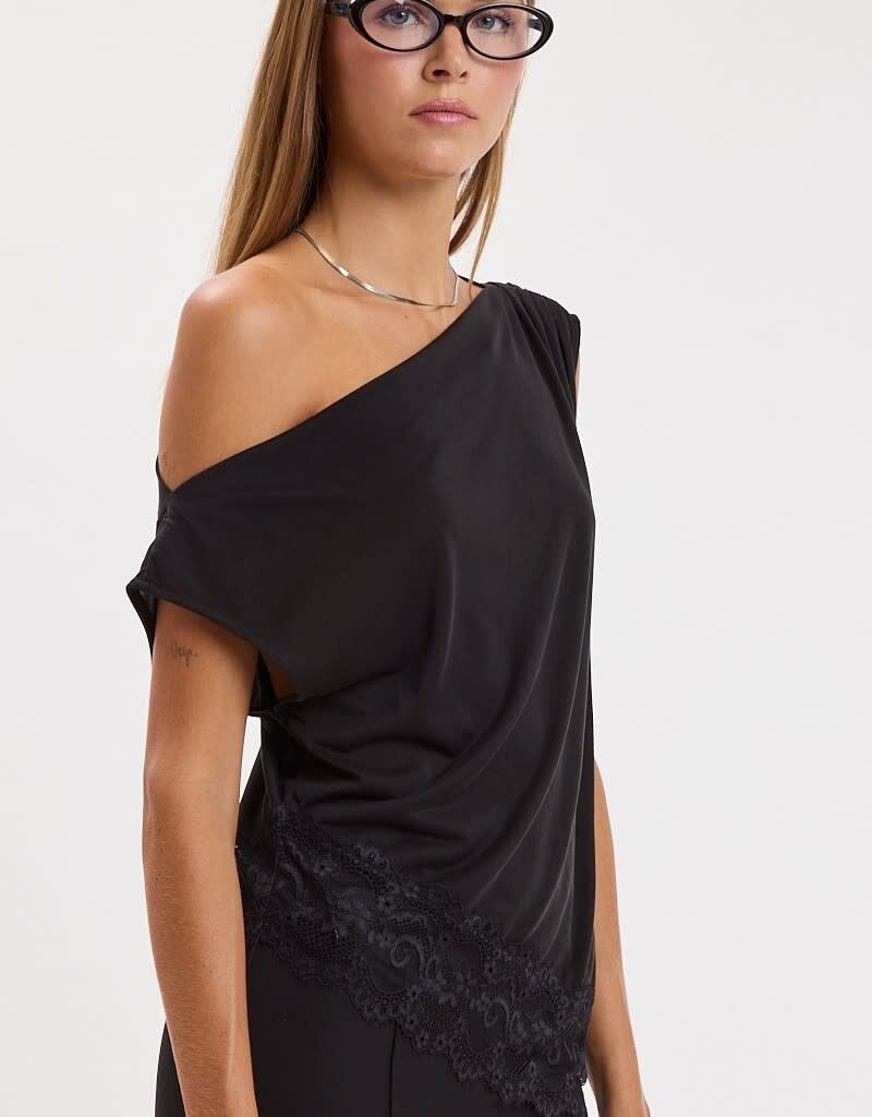 Amanda Off Shoulder Asymmetric Lace Trim Top