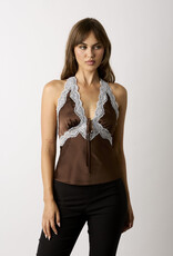 Conley Satin Floral Lace Trim Halter Top