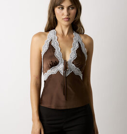 Conley Satin Floral Lace Trim Halter Top