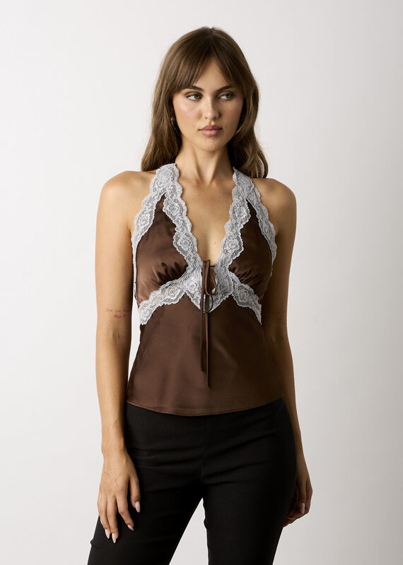 Conley Satin Floral Lace Trim Halter Top
