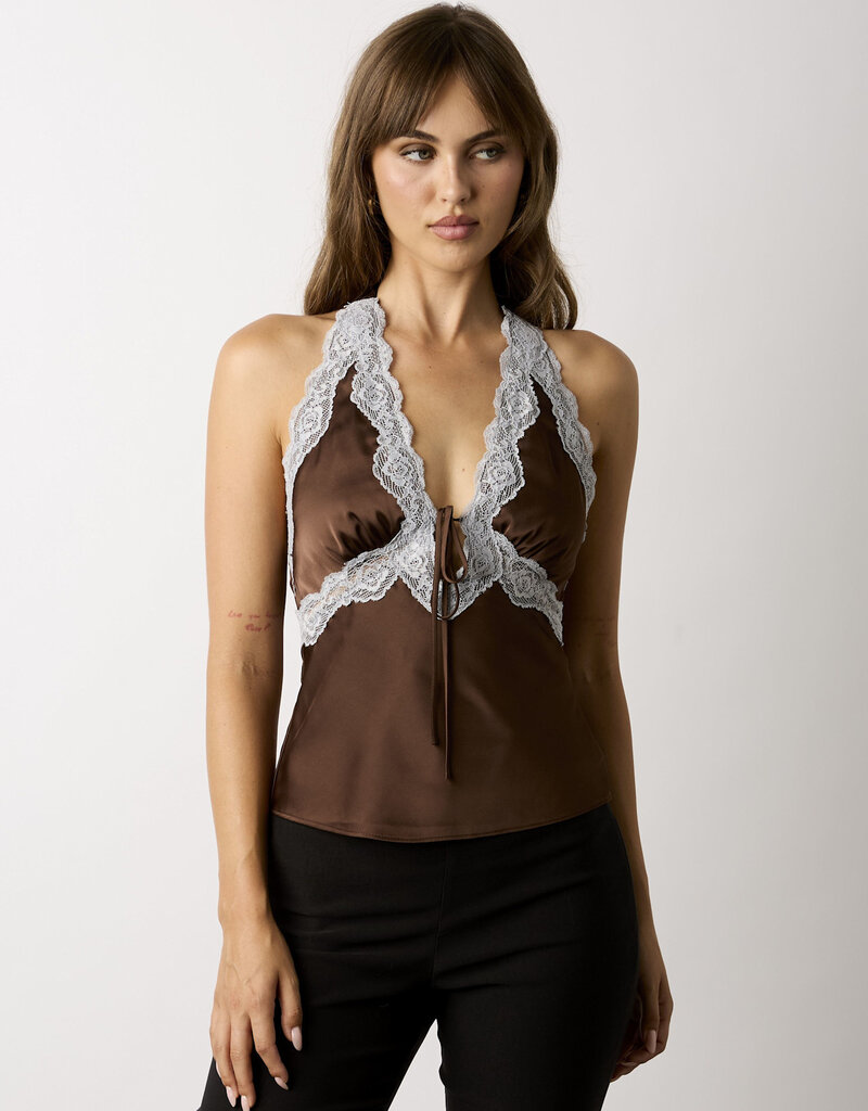 Conley Satin Floral Lace Trim Halter Top