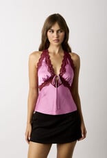 Conley Satin Floral Lace Trim Halter Top
