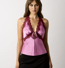 Conley Satin Floral Lace Trim Halter Top