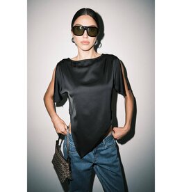 Satin Shoulder Cutout Asymmetric Scarf Hem Top