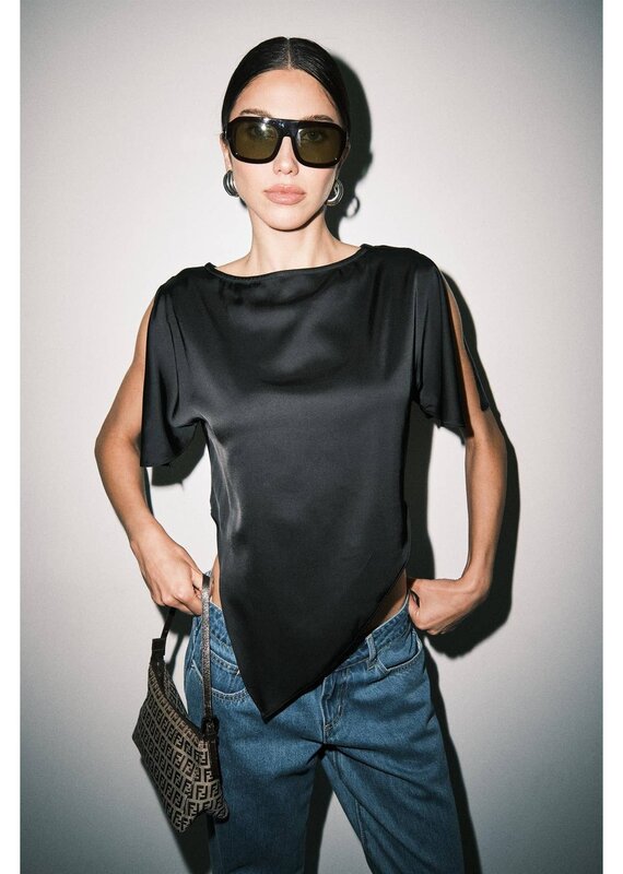 Satin Shoulder Cutout Asymmetric Scarf Hem Top