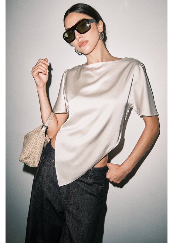 Satin Shoulder Cutout Asymmetric Scarf Hem Top