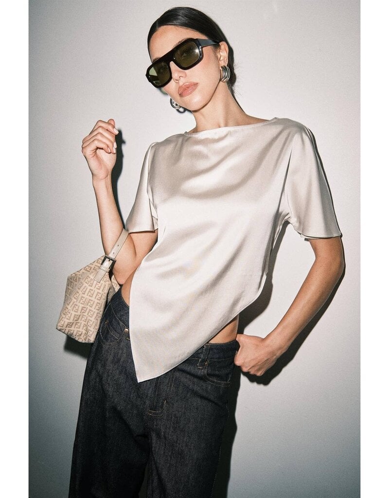Satin Shoulder Cutout Asymmetric Scarf Hem Top