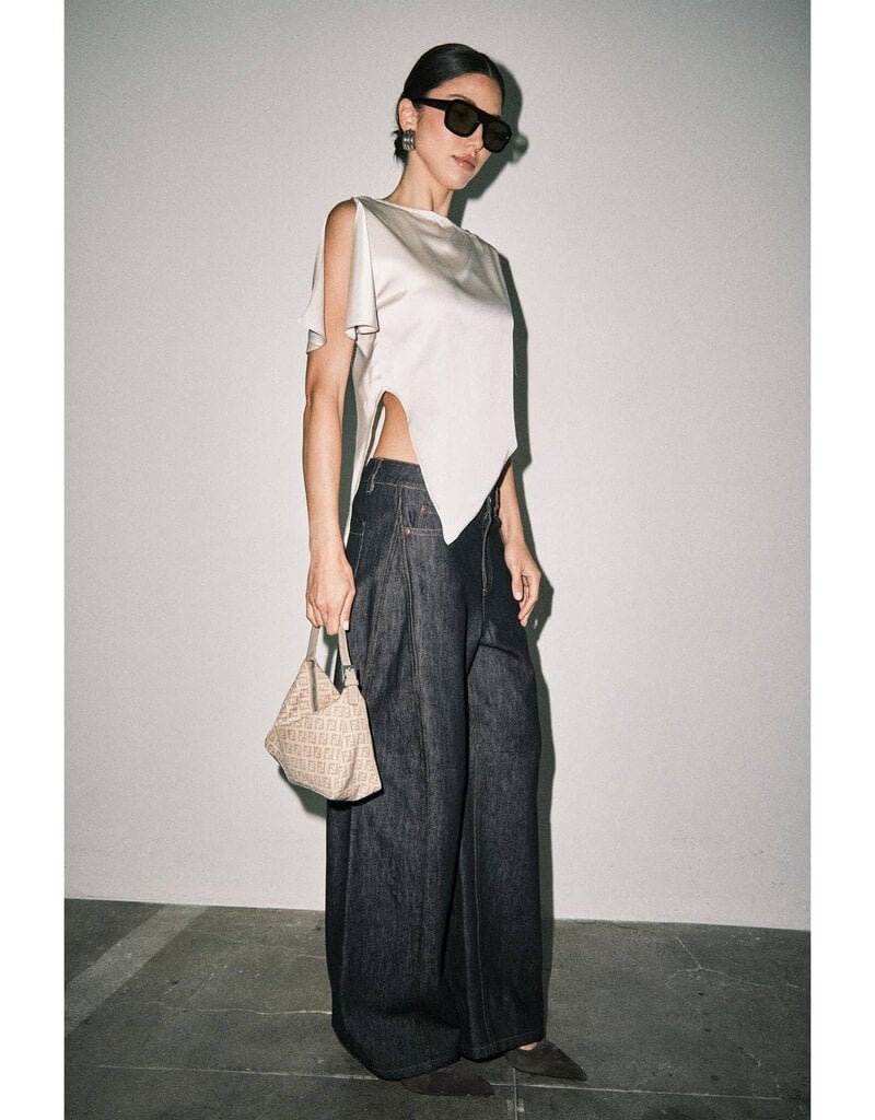 Satin Shoulder Cutout Asymmetric Scarf Hem Top