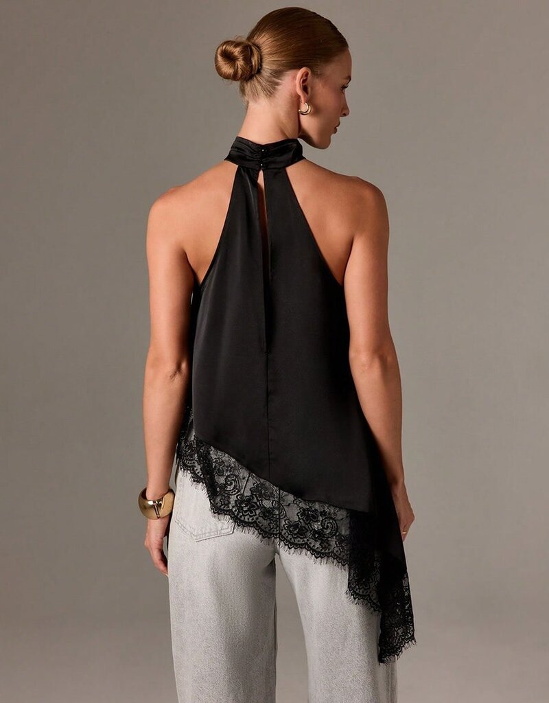 Daley Satin Asymmetrical Lace Trim Halter Top