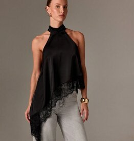 Daley Satin Asymmetrical Lace Trim Halter Top
