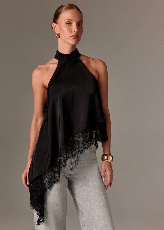 Daley Satin Asymmetrical Lace Trim Halter Top