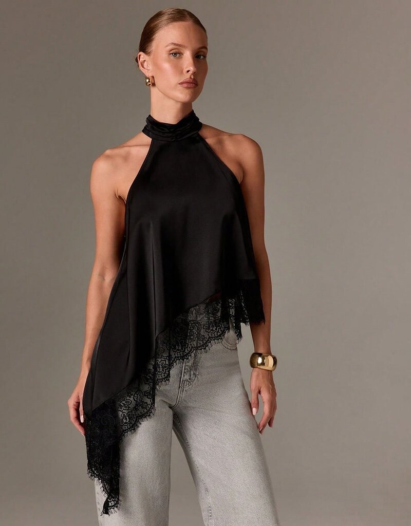 Daley Satin Asymmetrical Lace Trim Halter Top